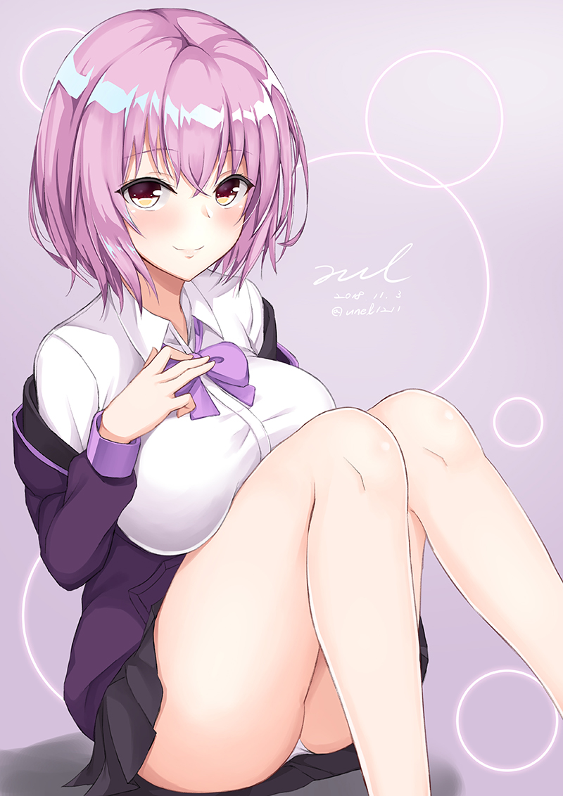 1girl, bangs, bare_legs, black_skirt, blush, bow, bowtie, breast_press, breasts, closed_mouth, collared_shirt, dated, eyebrows_visible_through_hair, feet_out_of_frame, grey_background, hair_between_eyes, hand_on_own_chest, jacket, knees_up, large_breasts, lipstick, long_sleeves, looking_at_viewer, makeup, miniskirt, off_shoulder, open_clothes, open_jacket, panties, pantyshot, pantyshot_(sitting), pink_hair, pink_lips, purple_bow, purple_jacket, purple_neckwear, school_uniform, shinjou_akane, shiny, shiny_hair, shirt, short_hair, signature, sitting, skirt, smile, solo, ssss.gridman, twitter_username, underwear, unel, upskirt, white_shirt, wing_collar, yellow_eyes