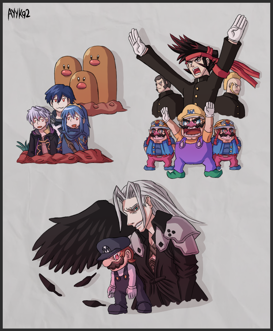 ayyk92, black_wings, blue_hair, buried, creatures_(company), dugtrio, facial_hair, final_fantasy