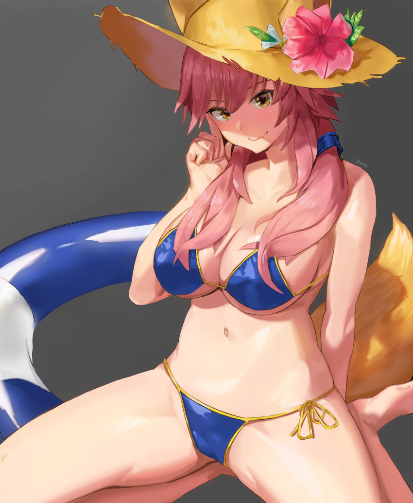 1girl, absurdres, animal_ears, bangs, bare_shoulders, bikini, blue_bikini, blue_ribbon