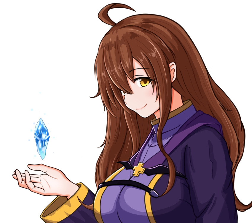 1girl, ahoge, breasts, brown_hair, cross, ice, kono_subarashii_sekai_ni_shukufuku_wo!, large_breasts, long_hair, looking_at_viewer, robe, simple_background, smile, solo, turtleneck, upper_body, white_background, wide_sleeves, wiz_(konosuba), yellow_eyes, yousui