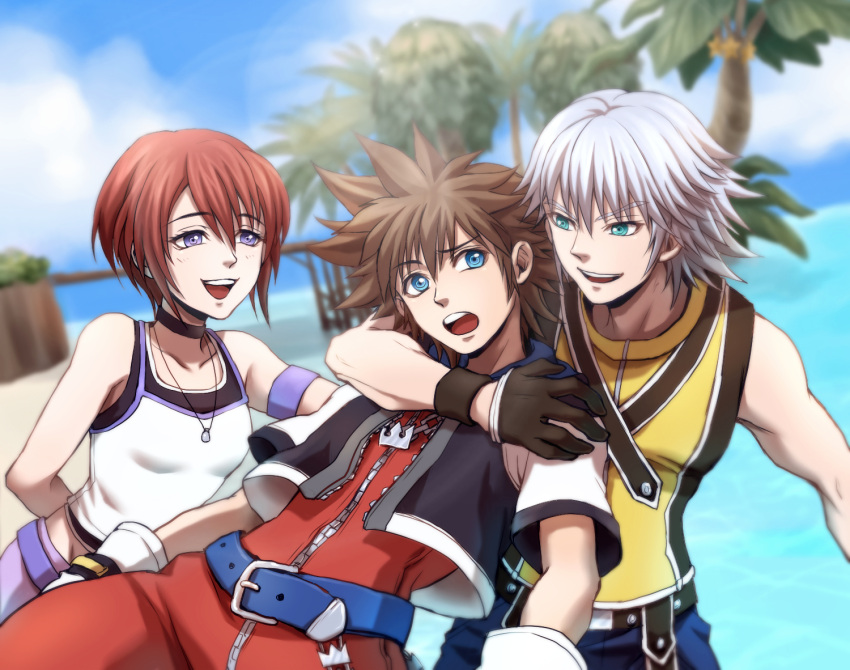 1girl, 2boys, arm_around_shoulder, bangs, beach, belt, black_gloves, blue_belt