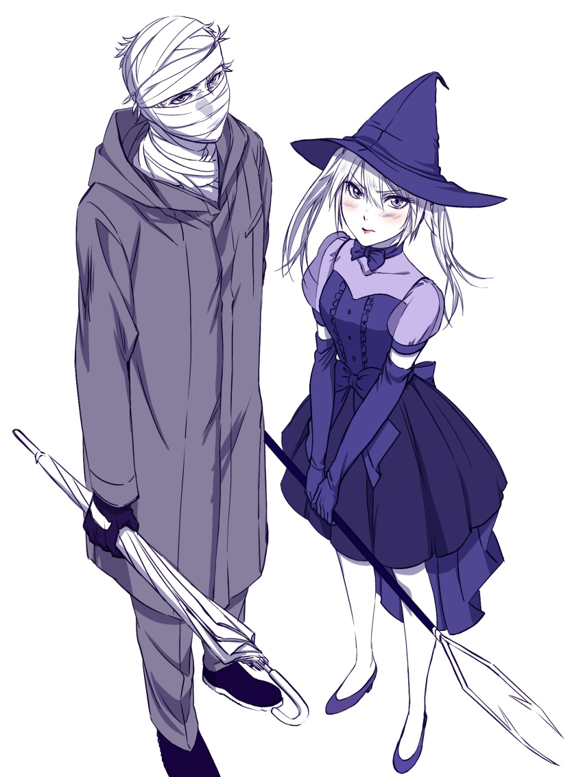 1boy, 1girl, bandage, bandaged_head, bandages, basophil_(hataraku_saibou), blush, breasts, coat, dress, elbow_gloves, eosinophil_(hataraku_saibou), from_above, full_body, gloves, halloween, halloween_costume, hands_together, hat, hataraku_saibou, highres, hood, hoodie, lips, looking_at_viewer, looking_up, medium_breasts, monochrome, nayomi, pants, polearm, shoes, simple_background, spear, spot_color, standing, twintails, umbrella, weapon, white_hair, witch_costume, witch_hat
