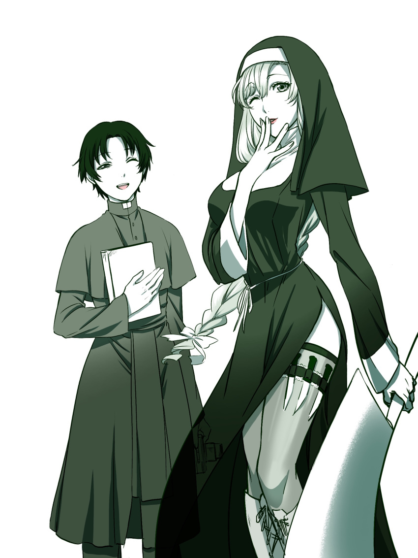1boy, 1girl, asymmetrical_bangs, bangs, book, boots, braid, breasts