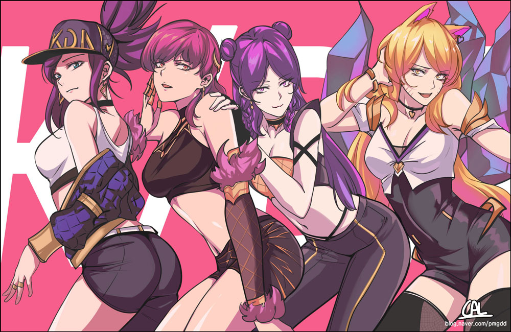 4girls, ahri, akali, animal_ears, asymmetrical_legwear, bare_shoulders, blonde_hair, braid