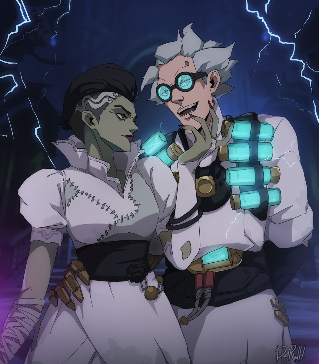 1boy, 1girl, alternate_costume, alternate_hair_length, alternate_hairstyle, arm_around_waist, bandage, bandaged_arm, bandages, bangle, black_hair, bracelet, bridal_gauntlets, bride_of_frankenstein, bride_sombra, brown_eyes, couple, darwh, dr._junkenstein, dress, elbow_gloves, electricity, gloves, goggles, grey_hair, hand_on_another's_face, height_difference, highres, jewelry, junkrat_(overwatch), labcoat, lipstick, makeup, mechanical_arm, overwatch, puffy_short_sleeves, puffy_sleeves, red_lipstick, sash, short_sleeves, single_elbow_glove, sombra_(overwatch), spiky_hair, stitches, torn_clothes, torn_dress, undead, undercut, vial, white_dress, white_gloves