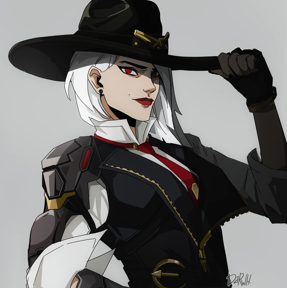 1girl, armor, ashe_(overwatch), asymmetrical_hair, belt_buckle, black_gloves, breasts, buckle, cowboy_hat, darwh, earrings, eyeliner, gloves, grey_background, hat, hat_tip, jewelry, lipstick, looking_at_viewer, makeup, medium_breasts, mole_above_mouth, navel, necktie, overwatch, red_eyes, signature, single_pauldron, sleeves_pushed_up, solo, vest, white_hair