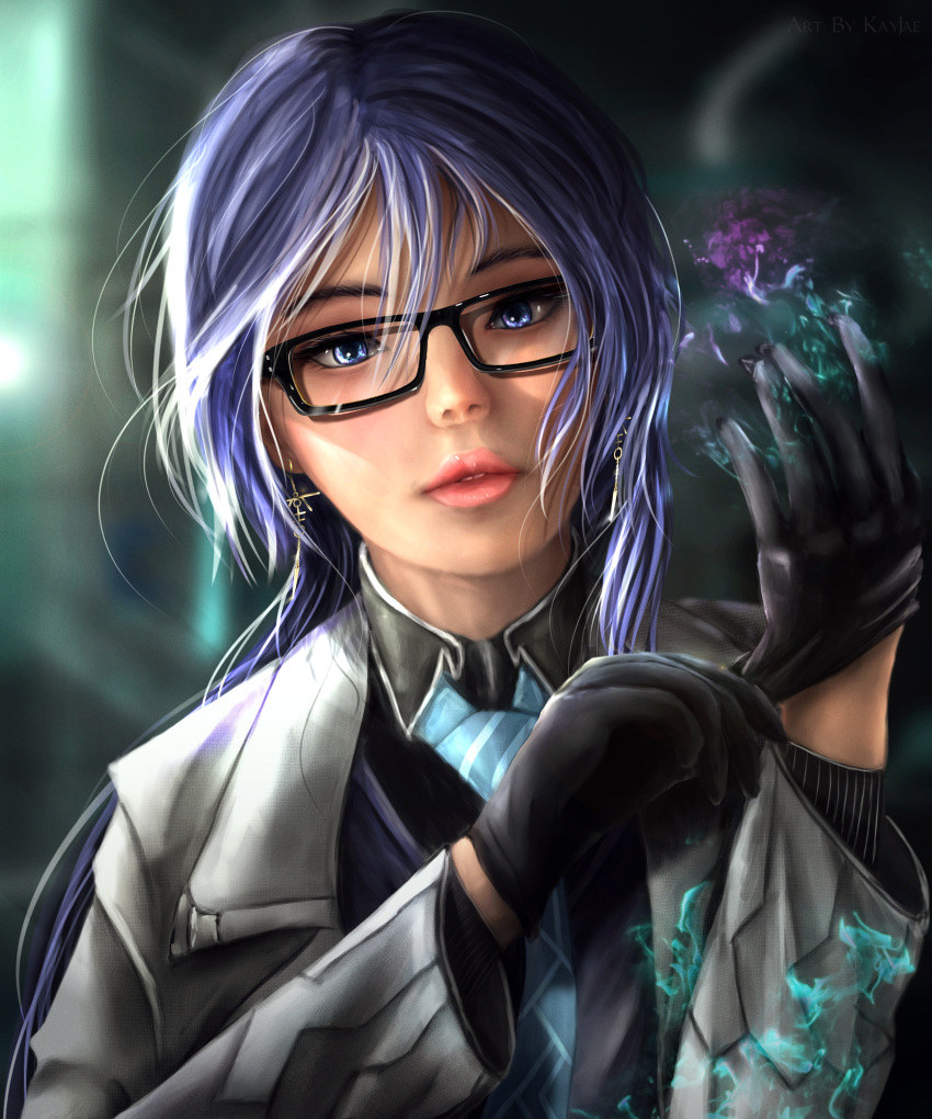 +night_squire, 1girl, absurdres, adjusting_clothes, adjusting_gloves, bangs, black-framed_eyewear, black_gloves, blue_eyes, blue_fire, blue_neckwear, blue_vest, blurry, blurry_background, breasts, collared_shirt, earrings, fire, fu_hua_(honkai_impact), glasses, gloves, grey_shirt, hair_between_eyes, hair_ornament, highres, honkai_impact, huge_filesize, jacket, jewelry, kayjae, long_hair, long_sleeves, looking_at_viewer, necktie, night_squire, open_clothes, open_jacket, parted_lips, portrait, shirt, sidelocks, solo, striped_neckwear, vest, white_jacket