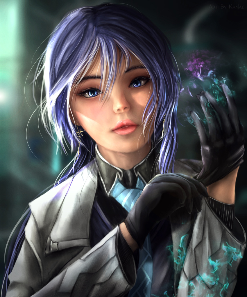 +night_squire, 1girl, absurdres, adjusting_clothes, adjusting_gloves, bangs, black_gloves, blue_eyes