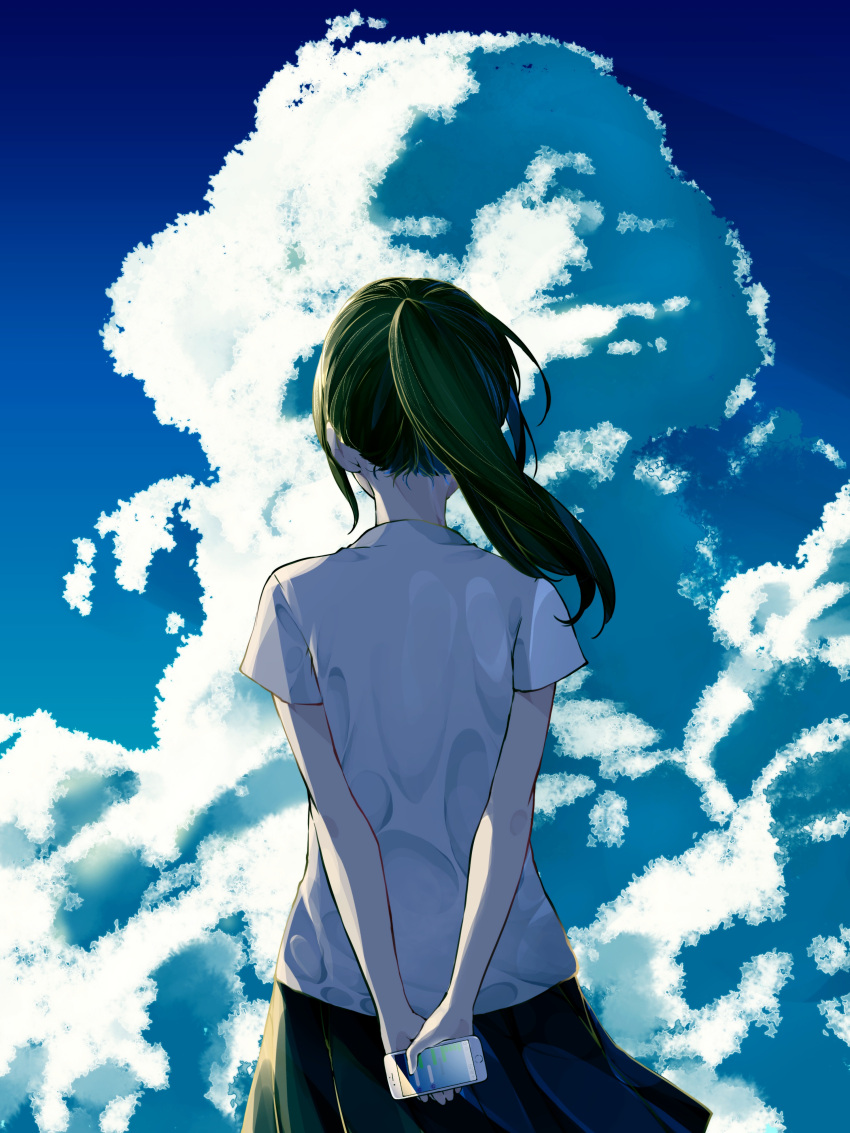 1girl, absurdres, arms_behind_back, blue_sky, cellphone, clouds, cloudy_sky, commentary_request, day, facing_away, from_behind, green_hair, green_skirt, highres, holding, holding_cellphone, holding_phone, long_hair, original, outdoors, phone, pleated_skirt, ponytail, shirt, short_sleeves, sidelocks, skirt, sky, smartphone, solo, white_shirt, yople_star_man