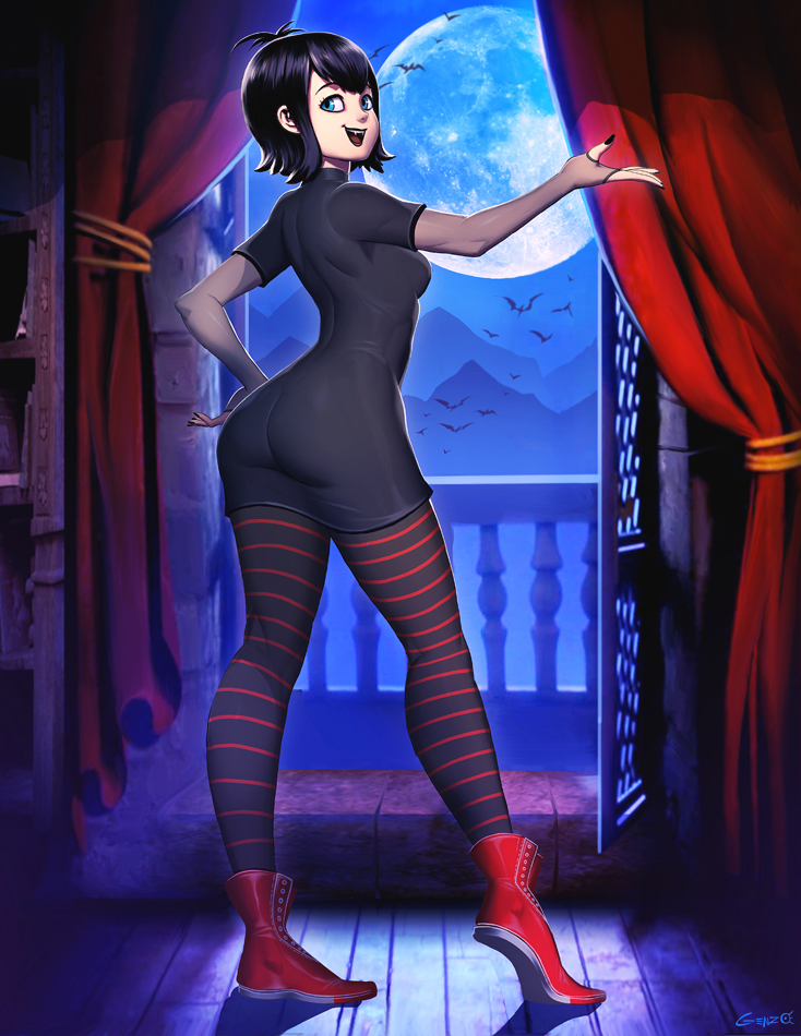 1girl, :d, ass, balcony, bat, black_hair, black_legwear, black_nails, blue_eyes, blue_sky, breasts, curtains, full_moon, genzoman, halloween, hand_on_hip, hotel_transylvania, looking_back, mavis_dracula, moon, nail_polish, night, night_sky, open_mouth, railing, red_footwear, sky, small_breasts, smile, solo, striped, striped_legwear