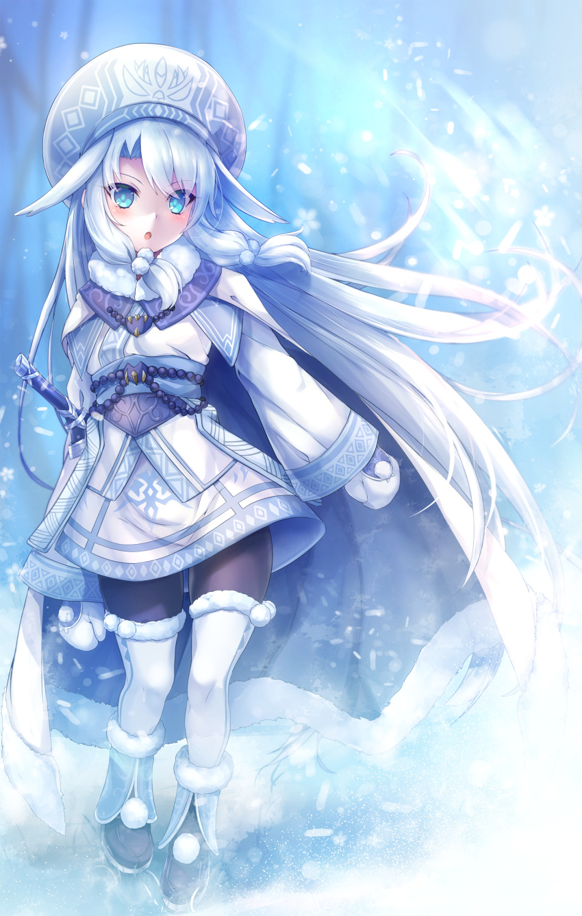 1girl, :o, absurdres, ainu_clothes, bangs, blue_cape, blue_eyes, blue_hair