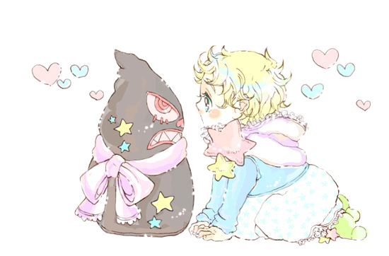 anne_(ttgl), baby, blonde_hair, blue_eyes, blush, heart, short_hair, socks