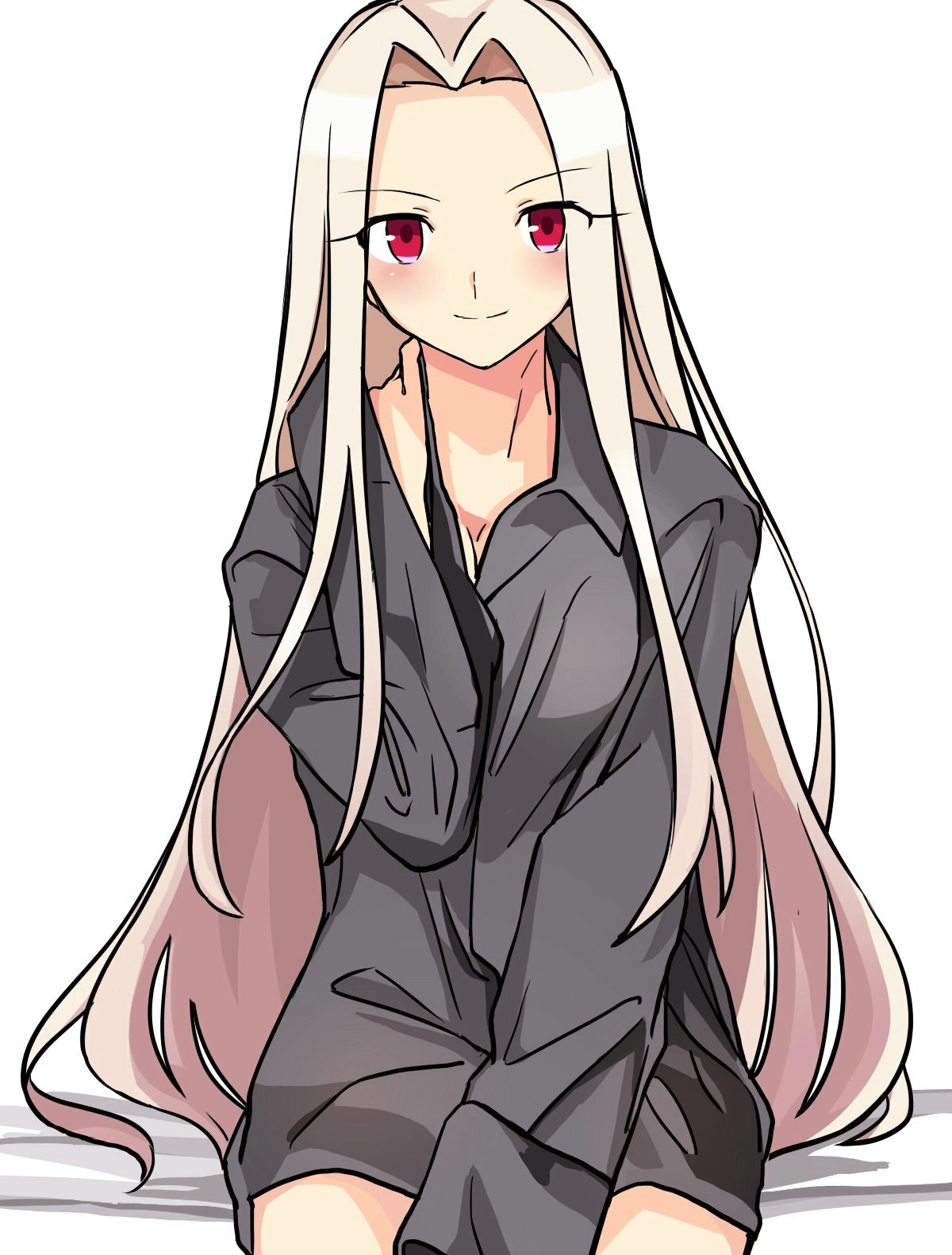 1girl, black_shirt, blush, breasts, cleavage, dress_shirt, eyebrows_visible_through_hair, fate/zero, fate_(series), highres, irisviel_von_einzbern, long_hair, long_sleeves, looking_at_viewer, medium_breasts, naked_shirt, red_eyes, shirt, silver_hair, simple_background, sitting, smile, solo, very_long_hair, white_background, yuuma_(u-ma)