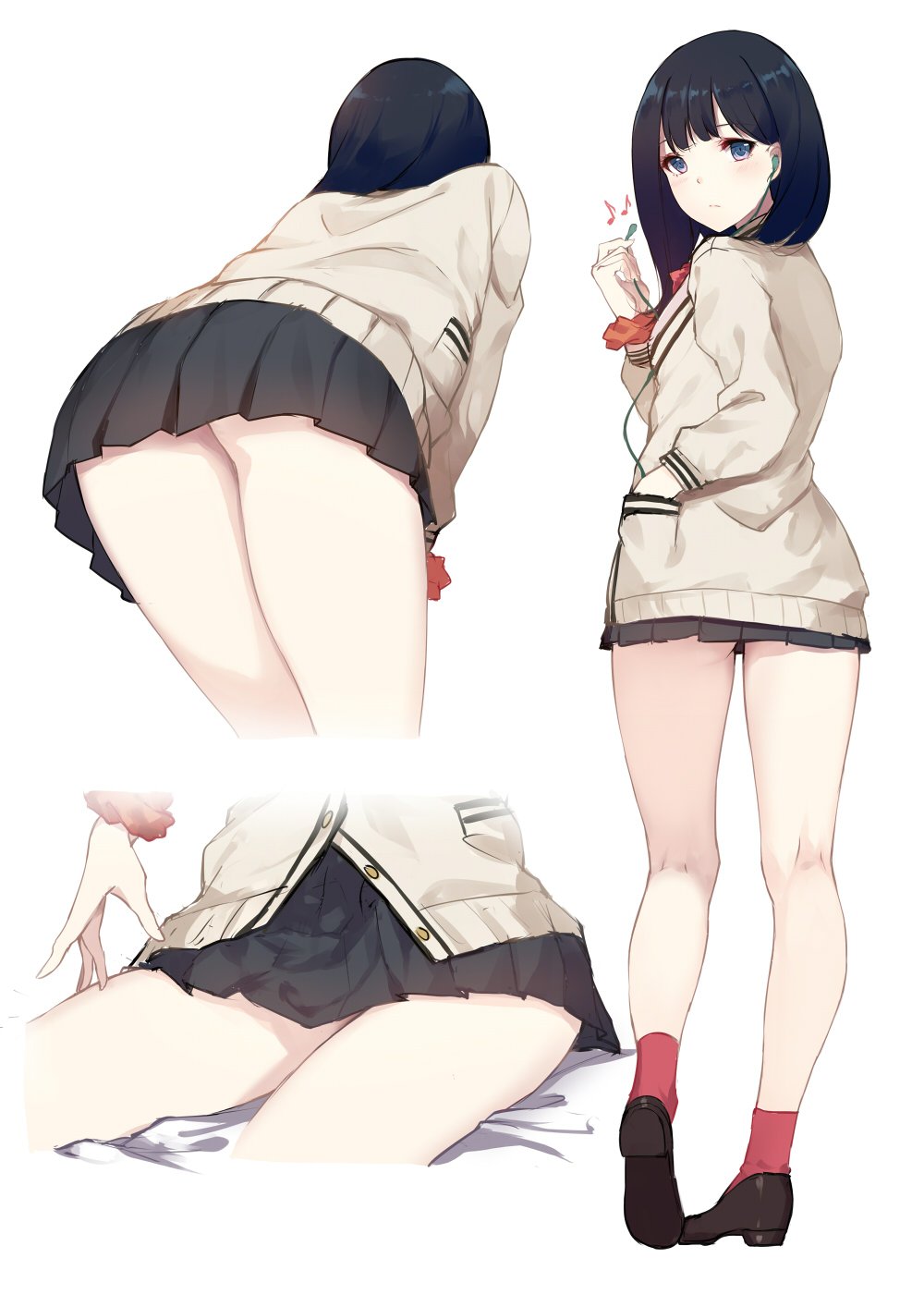 1girl, ass, bangs, black_footwear, black_hair, black_skirt, blush, bow, bowtie, buttons, cable, caidychen, cardigan, close-up, closed_mouth, commentary_request, earphones, earphones, from_behind, full_body, hand_in_pocket, highres, holding, holding_earbud, leaning_forward, light_frown, loafers, long_hair, long_sleeves, looking_at_viewer, looking_back, miniskirt, musical_note, pleated_skirt, pocket, red_bow, red_legwear, red_scrunchie, school_uniform, scrunchie, shoes, simple_background, sitting, skirt, socks, solo, ssss.gridman, standing, takarada_rikka, tan_cardigan, thighs, white_background, white_bed_sheet, wrist_scrunchie