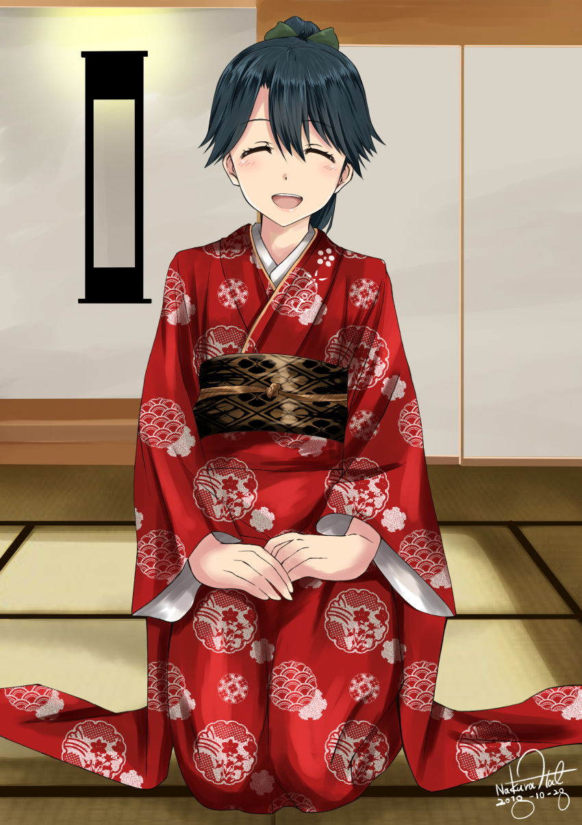 1girl, 2018, absurdres, alternate_costume, blue_hair, blush, closed_eyes, dated, full_body, green_ribbon, hair_ribbon, highres, houshou_(kantai_collection), indoors, japanese_clothes, kantai_collection, kimono, long_hair, nakai_(waitress), nakura_haru, open_mouth, ponytail, red_kimono, ribbon, seiza, signature, sitting, solo, tatami