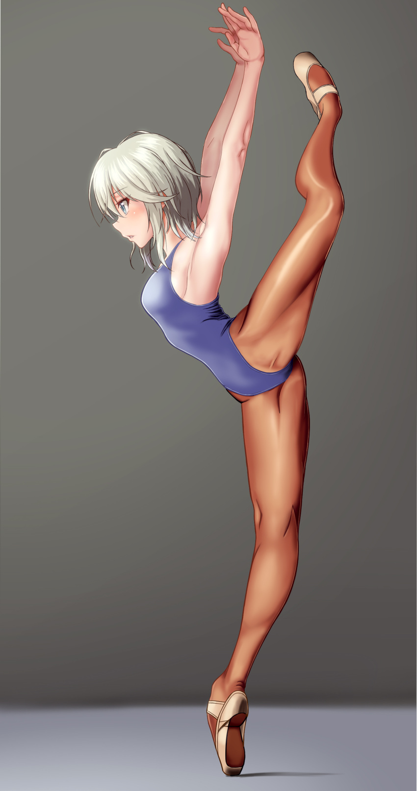 1girl, :o, absurdres, anastasia_(idolmaster), armpits, ballet, ballet_leotard, ballet_slippers, blue_eyes, blush, eyebrows_visible_through_hair, gradient, gradient_background, highres, idolmaster, idolmaster_cinderella_girls, leotard, pantyhose, practicing, profile, silver_hair, skin_tight, solo, taka_(takahirokun)