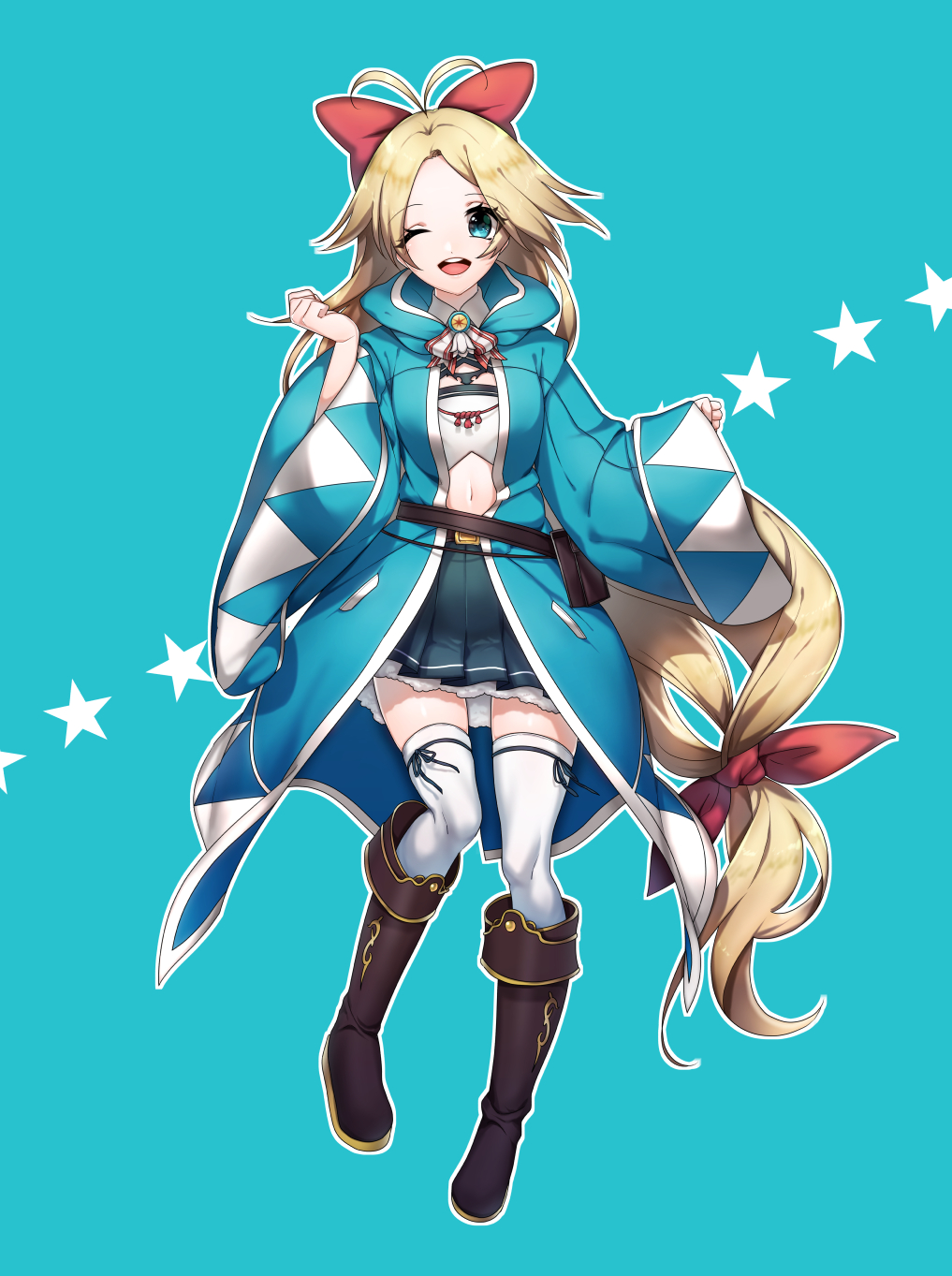 1girl, ;d, antenna_hair, blonde_hair, blue_background, blue_eyes, boots, clenched_hands