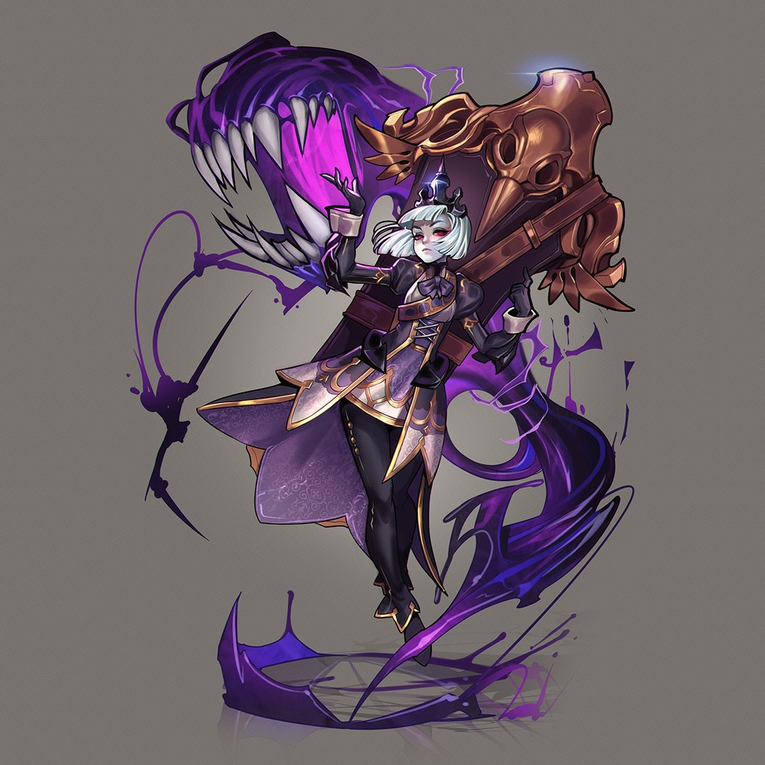 1girl, bob_cut, bow, crown, floating, gloves, grey_background, heroes_of_the_storm, monster, official_art, orphea_(heroes_of_the_storm), red_eyes, short_hair, simple_background, skirt, solo, teeth, white_hair