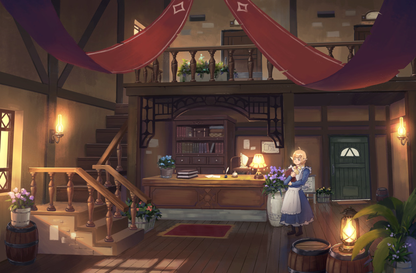 1girl, ahoge, apron, bangs, barrel, bell, black_footwear, blonde_hair