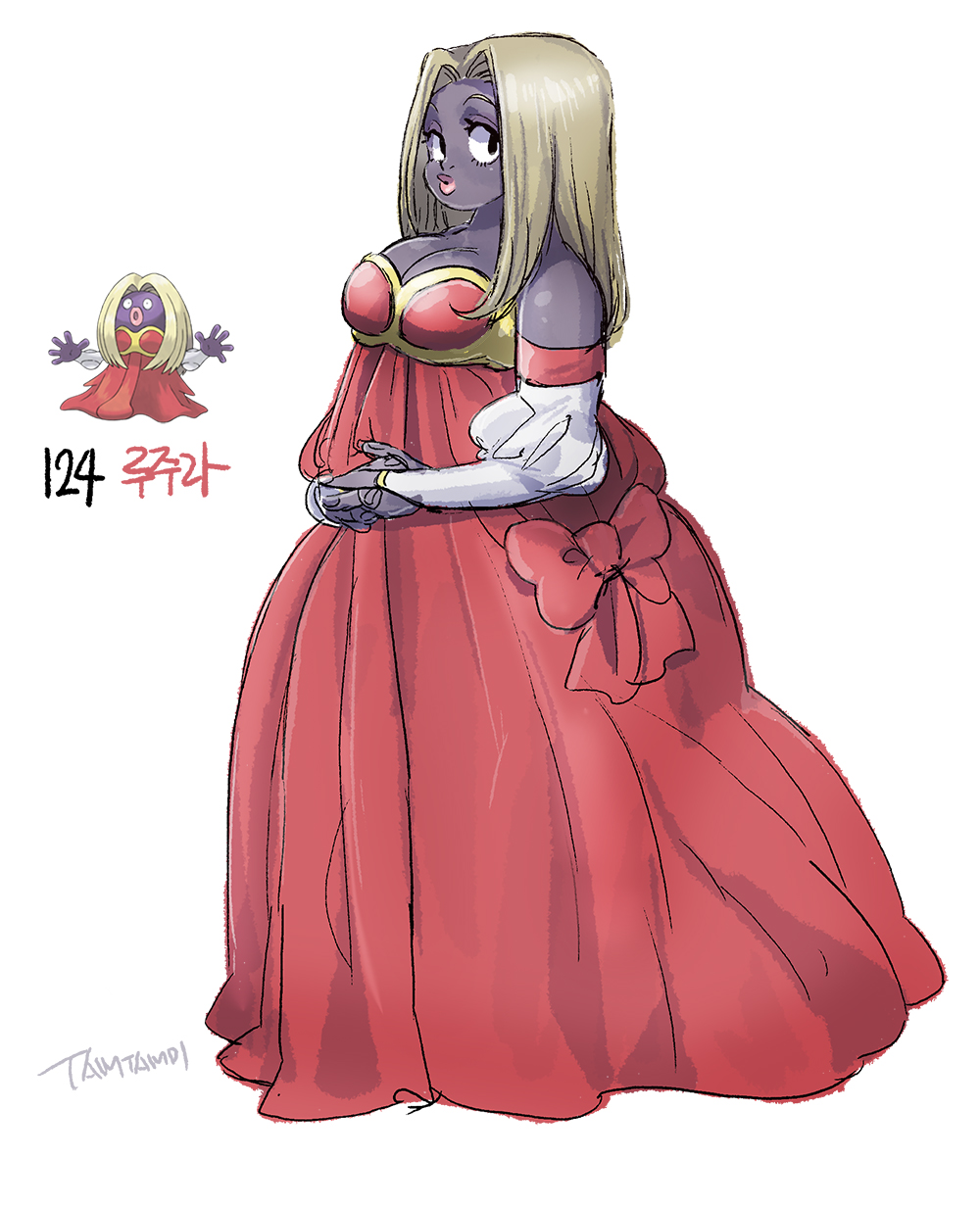 1girl, :o, belly, blonde_hair, bow, breasts, creatures_(company), curvy, dark_skin, dress, fat, game_freak, gen_1_pokemon, hands_together, highres, jynx, large_breasts, long_hair, looking_back, nintendo, personification, plump, pokemon, pokemon_(game), princess_dress, red_bow, red_dress, tamtamdi