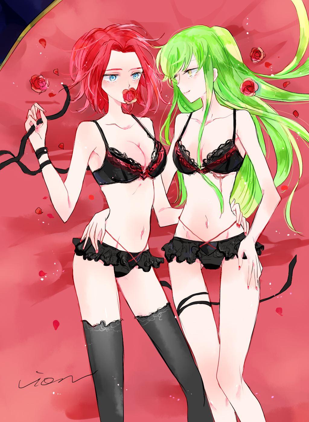2girls, ass_visible_through_thighs, bare_shoulders, black_bra, black_panties, blue_eyes, bra, breasts, c.c., cleavage, code_geass, collarbone, flower, green_hair, groin, hand_on_another's_hip, highres, hip_bones, hips, ilohasvio, kallen_stadtfeld, lace, lingerie, long_hair, multiple_girls, nail_polish, navel, panties, red_nails, redhead, ribbon, rose, short_hair, smile, thigh-highs, thigh_gap, underwear, underwear_only, yellow_eyes, yuri