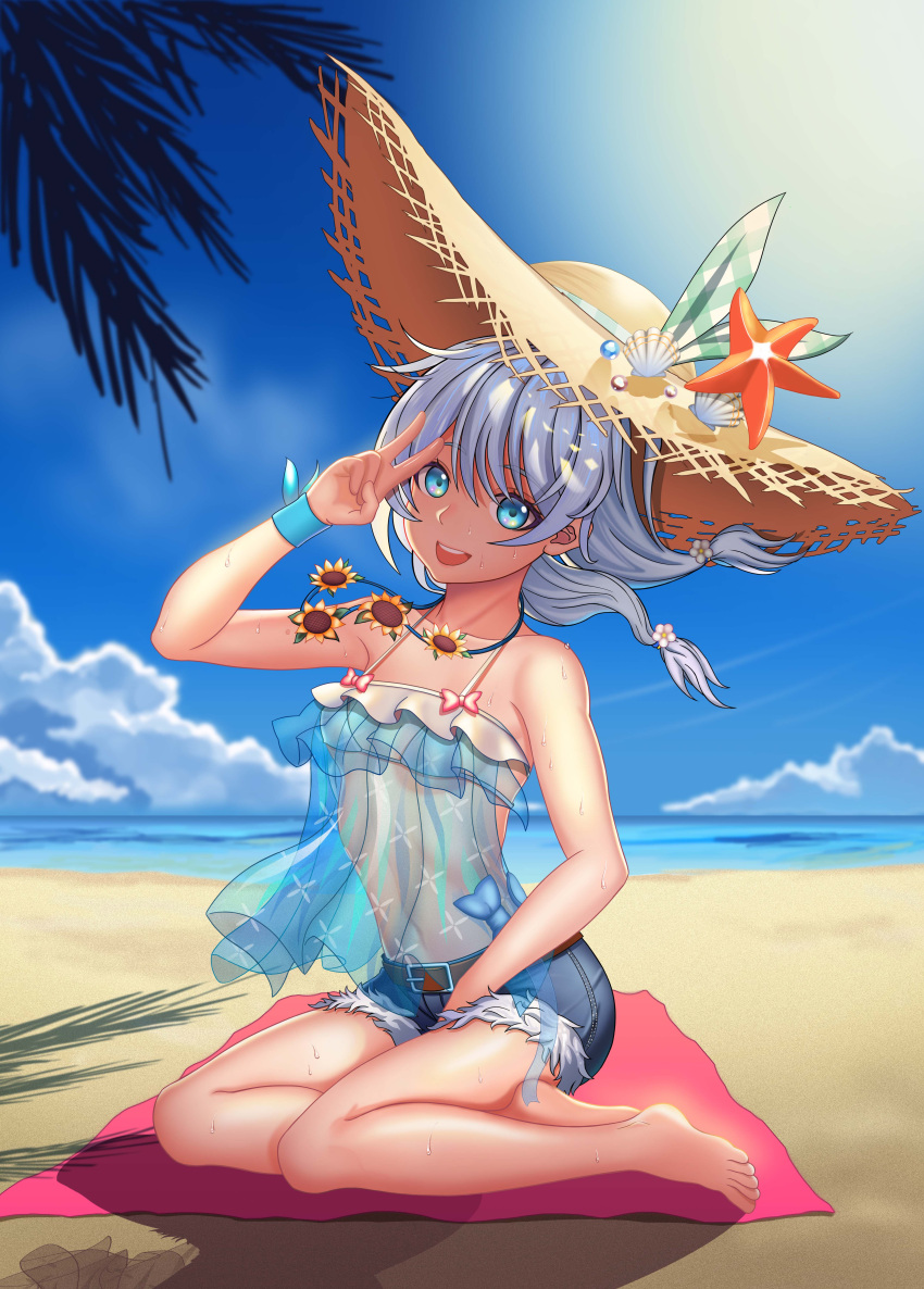 1girl, absurdres, alternate_costume, bangs, bare_legs, bare_shoulders, beach, beach_mat