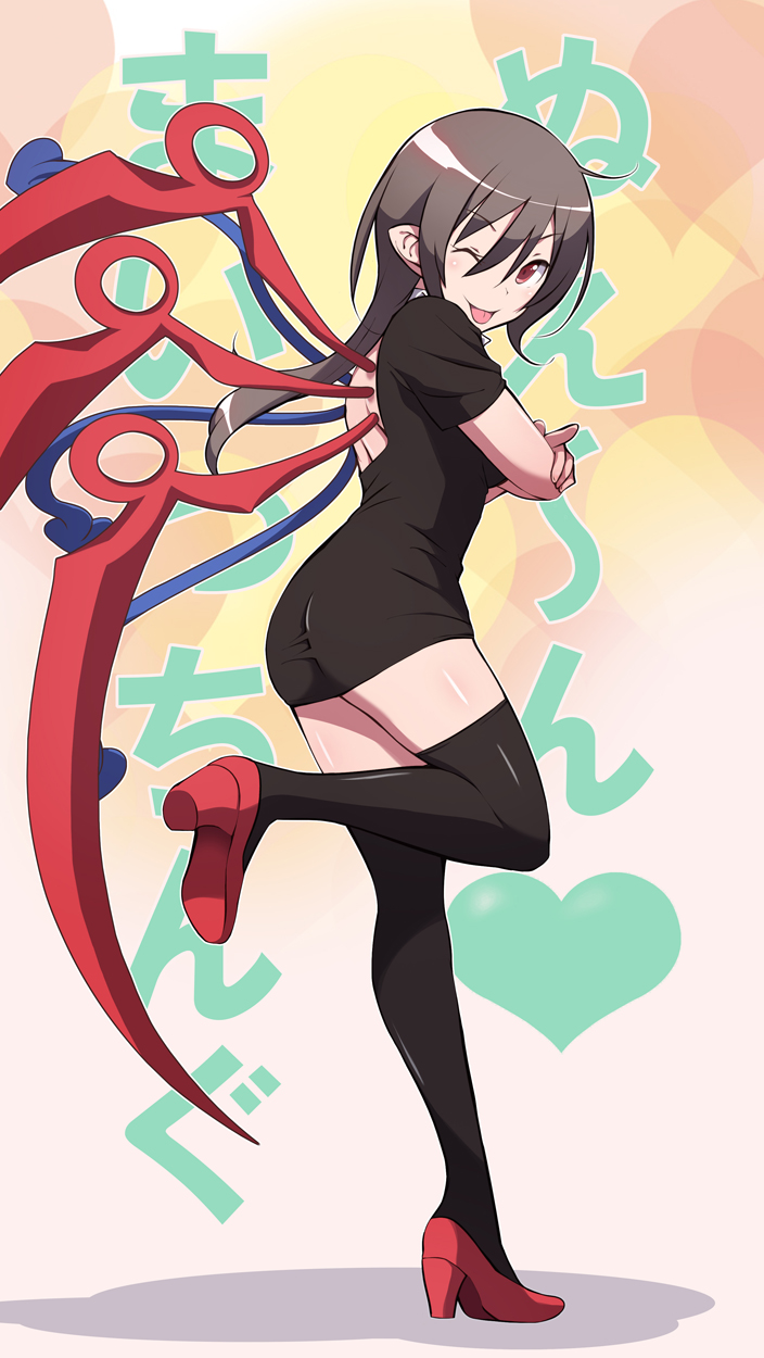 1girl, ;p, alternate_hair_length, alternate_hairstyle, ass, asymmetrical_wings, back_cutout, bangs