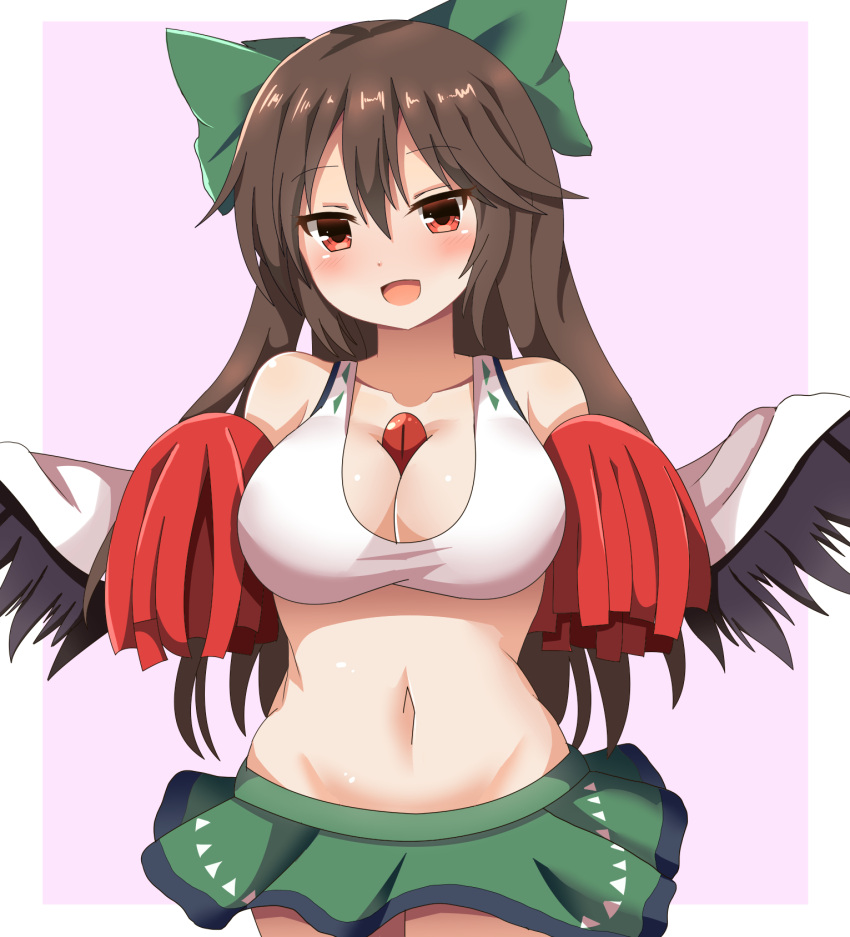1girl, :d, between_breasts, black_wings, blush, bow, breasts, brown_hair