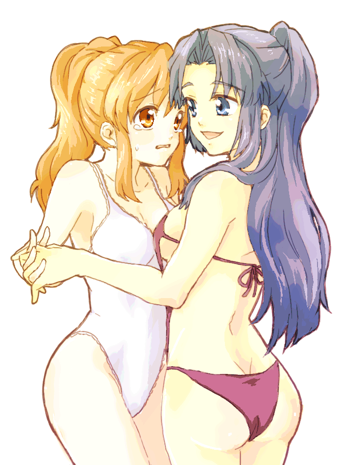 asahina_mikuru, asakura_ryouko, ass, bad_id, bikini, blue_eyes, blue_hair, brown_hair, dimples_of_venus, hand_holding, long_hair, multiple_girls, redhead, suzumiya_haruhi_no_yuuutsu, swimsuit, tears, yamado