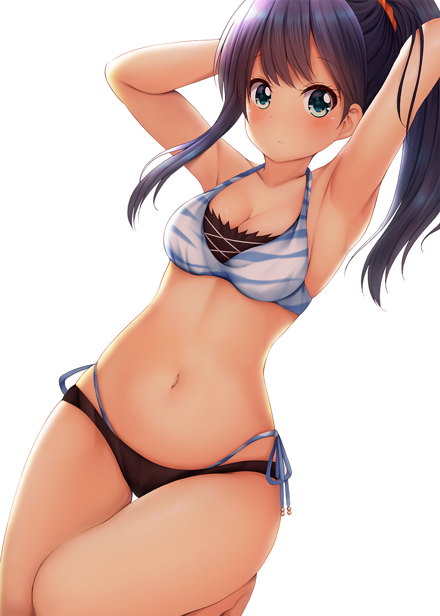 1girl, alternate_hairstyle, armpits, arms_up, bare_shoulders, bikini, blush, breasts, brown_bikini_bottom, cleavage, closed_mouth, collarbone, green_eyes, hair_ornament, hair_scrunchie, highres, layered_bikini, long_hair, medium_breasts, minato_(ojitan_gozaru), navel, orange_scrunchie, ponytail, purple_hair, scrunchie, side-tie_bikini, sidelocks, simple_background, solo, ssss.gridman, swimsuit, takarada_rikka, tan, white_background
