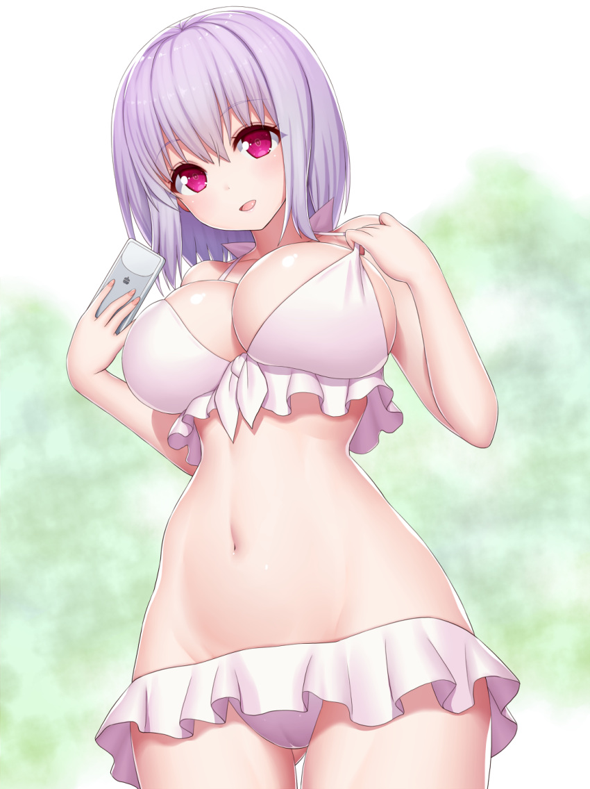 1girl, asamura_hiori, bikini, blush, breasts, cellphone, commentary_request, eyebrows_visible_through_hair, frilled_bikini, frills, highres, holding, holding_phone, large_breasts, lavender_hair, looking_at_viewer, navel, open_mouth, phone, pink_eyes, shinjou_akane, short_hair, solo, ssss.gridman, swimsuit, white_bikini