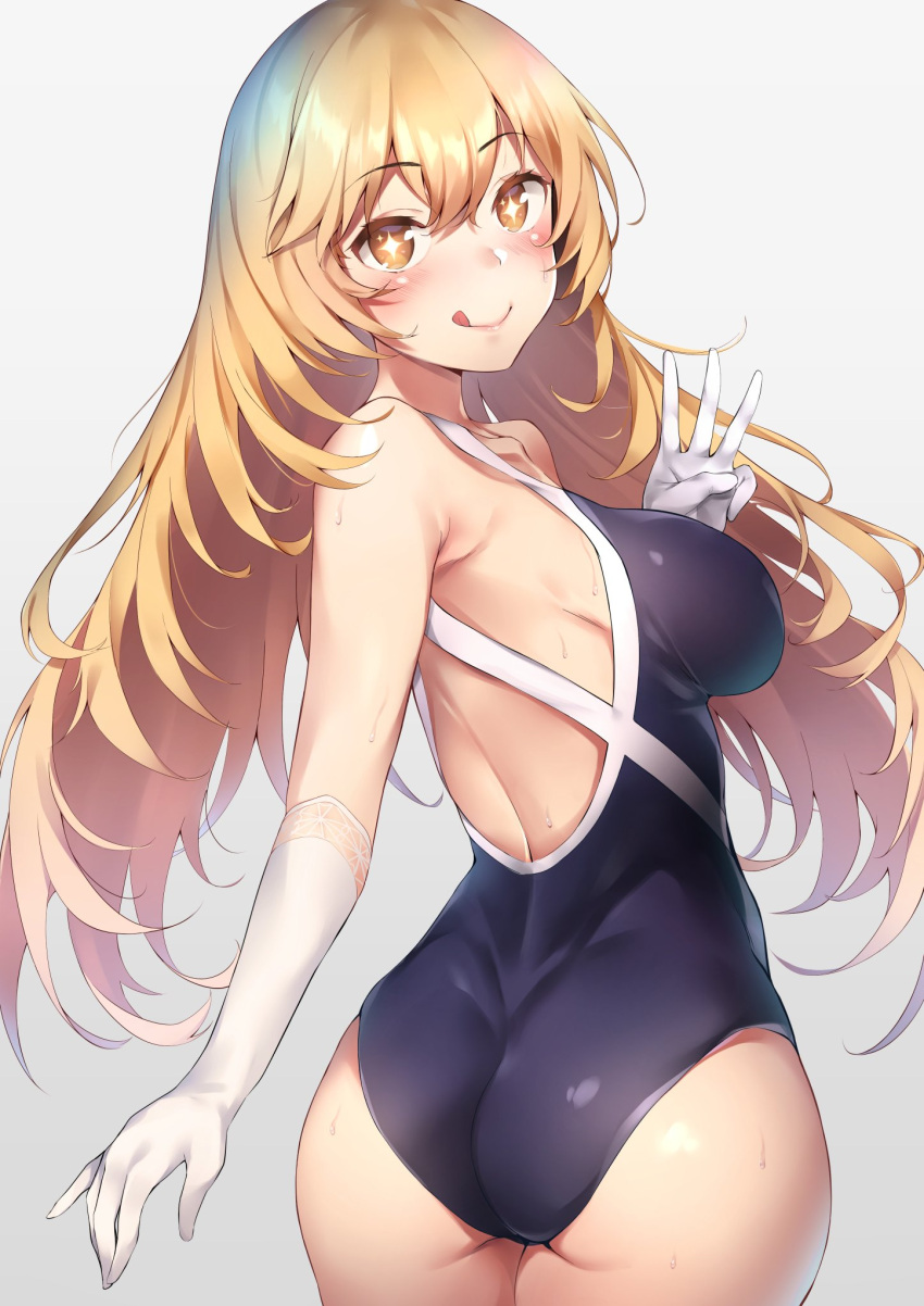 +_+, 1girl, :q, ass, bangs, bare_back, blonde_hair, blush