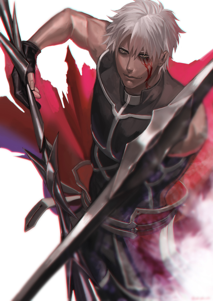 1boy, absurdres, aiming_at_viewer, archer, armor, black_gloves, blood, blood_on_face