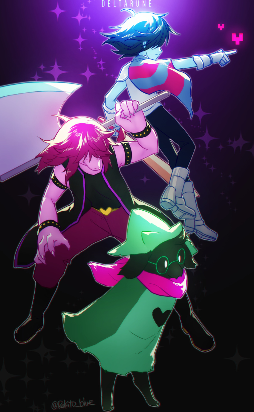 1boy, 1girl, 1other, androgynous, axe, black_background, black_hair, black_pants