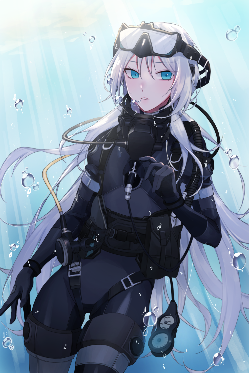 ammunition, ammunition_belt, an-94_(girls_frontline), blonde_hair, blue_eyes, bubble, diving, diving_mask
