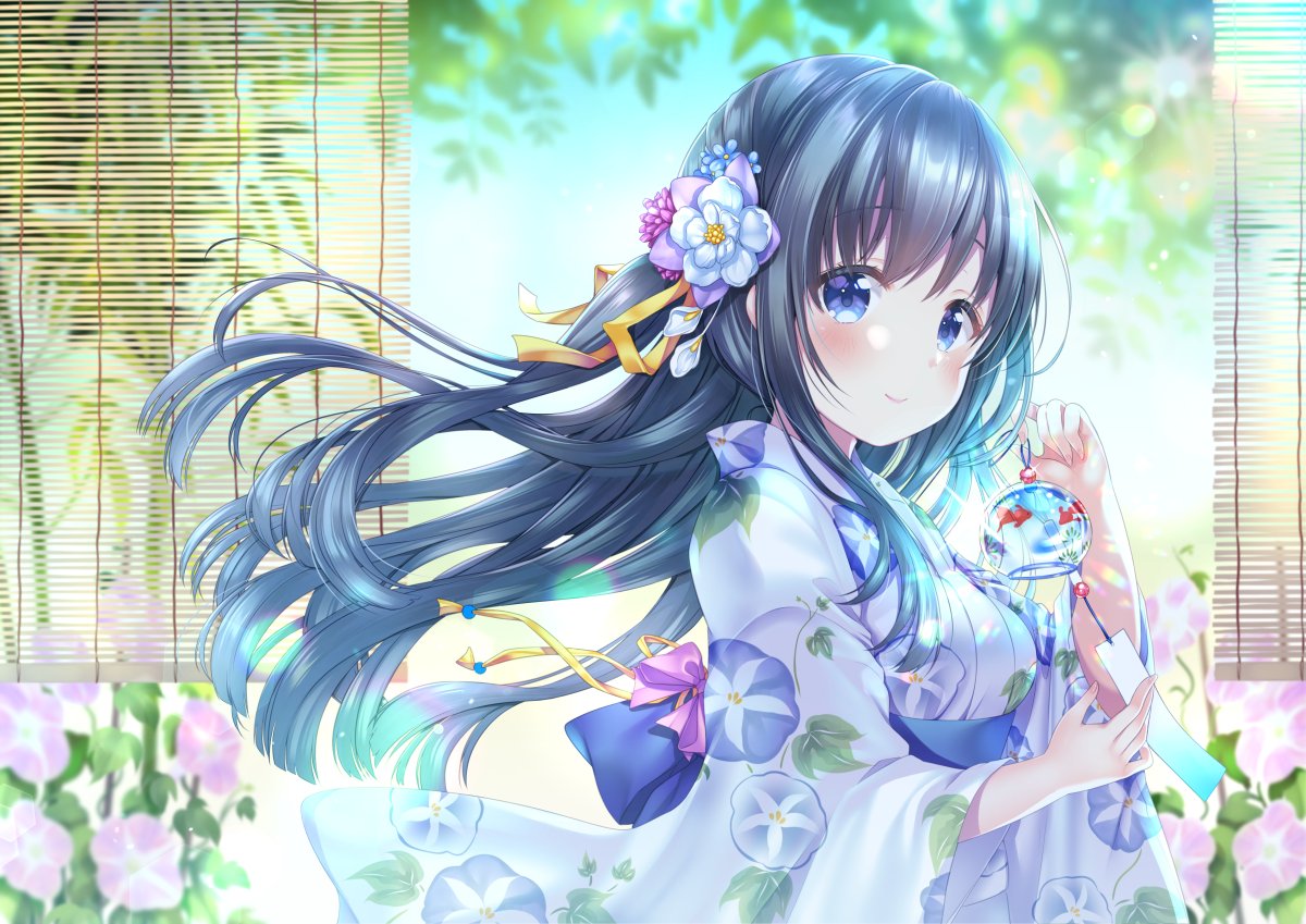 1girl, bamboo_screen, bangs, black_hair, blue_eyes, blush, breasts, closed_mouth