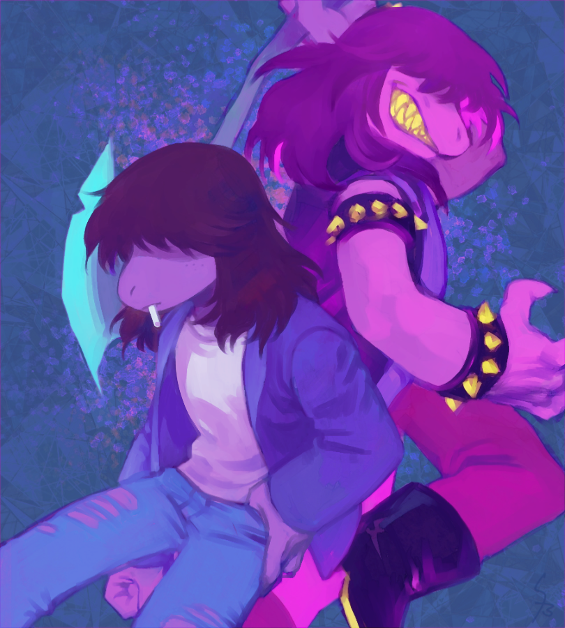 74-gou_(73-gou), alternate_form, axe, black_footwear, black_jacket, blue_background, bracelet, brown_hair, chalk, clenched_hand, deltarune, dual_persona, hair_over_eyes, hand_on_hip, jacket, jewelry, mouth_hold, multiple_views, sharp_teeth, spiked_armlet, spiked_bracelet, spikes, susie_(dark_world)_(deltarune), susie_(deltarune), teeth, yellow_teeth