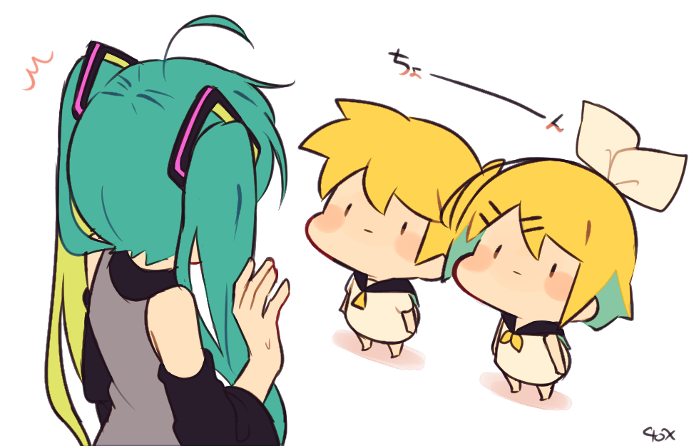 1boy, 2girls, aqua_hair, blonde_hair, blush_stickers, detached_sleeves, hair_ribbon, hatsune_miku