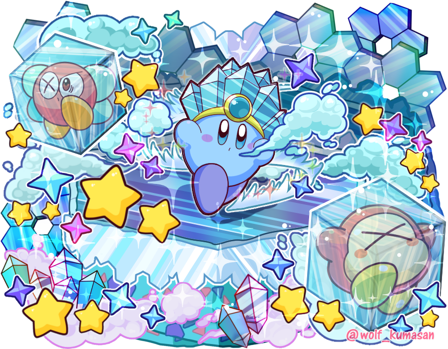 alternate_color, blue_eyes, blush_stickers, breath, bronto_burt, commentary_request, copy_ability, frozen