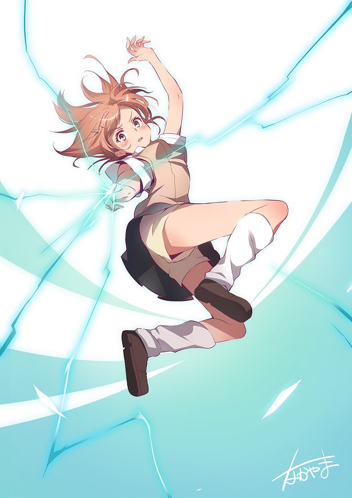 1girl, biribiri, brown_eyes, brown_footwear, brown_hair, brown_shorts, electricity, full_body