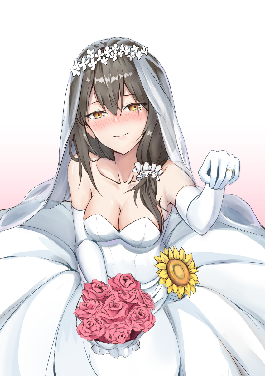 1girl, absurdres, blush, bouquet, breasts, bridal_veil, cleavage, commentary_request