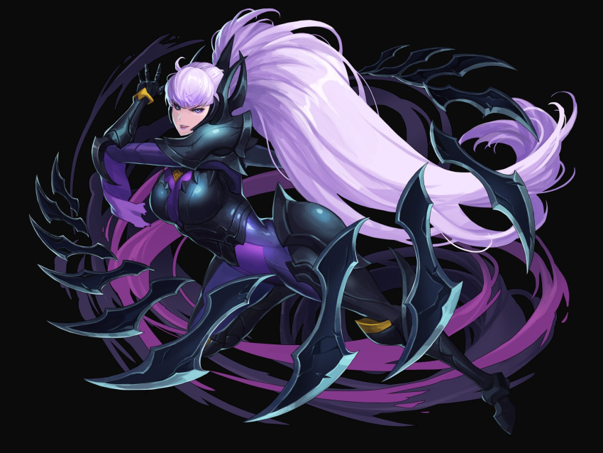 1girl, arm_up, artist_request, black_background, blade, bodysuit, boobplate, breastplate