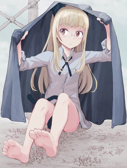 animal_ears, barefoot, blanket, blonde_hair, bottomless, brown_eyes, cat_ears, cat_tail