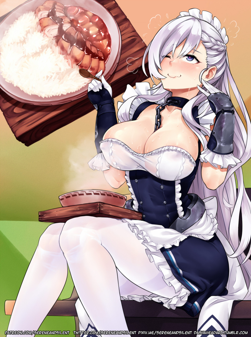 1girl, apron, arm_guards, artist_name, azur_lane, bangs, belfast_(azur_lane), blue_eyes, blush, braid, breasts, chains, cleavage, closed_mouth, collar, collarbone, commentary, corset, curry, dress, eating, english_commentary, eyebrows_visible_through_hair, food, french_braid, frilled_gloves, frills, gloves, happy, head_tilt, heart, heart-shaped_pupils, highres, large_breasts, long_hair, looking_at_viewer, maid, maid_headdress, one_eye_closed, patreon_username, sereneandsilent, sidelocks, silver_hair, smile, solo, spicy_curry, sweat, symbol-shaped_pupils, victorian_maid, wading, watermark, wavy_mouth, web_address, white_gloves