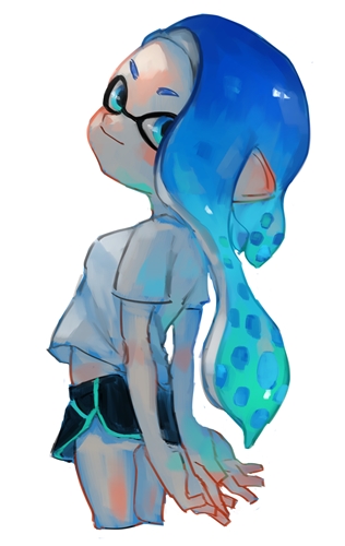 1girl, act_(a_moso), arms_behind_back, black_shorts, blue_eyes, blue_hair, closed_mouth, domino_mask, inkling, long_hair, looking_at_viewer, lowres, mask, nintendo, pointy_ears, shirt, short_sleeves, shorts, simple_background, smile, solo, splatoon, splatoon_2, t-shirt, tentacle_hair, white_background, white_shirt