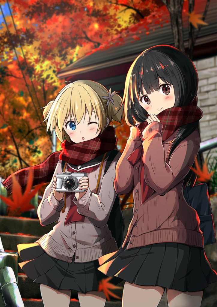 2girls, ;o, autumn_leaves, bag, bangs, black_hair, black_sailor_collar, black_skirt