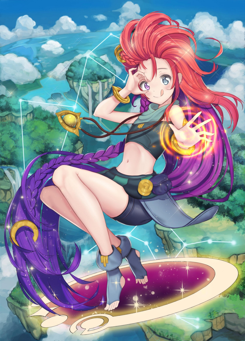 1girl, :p, absurdres, ah-lyong_lee, blue_eyes, bracelet, check_artist, clouds