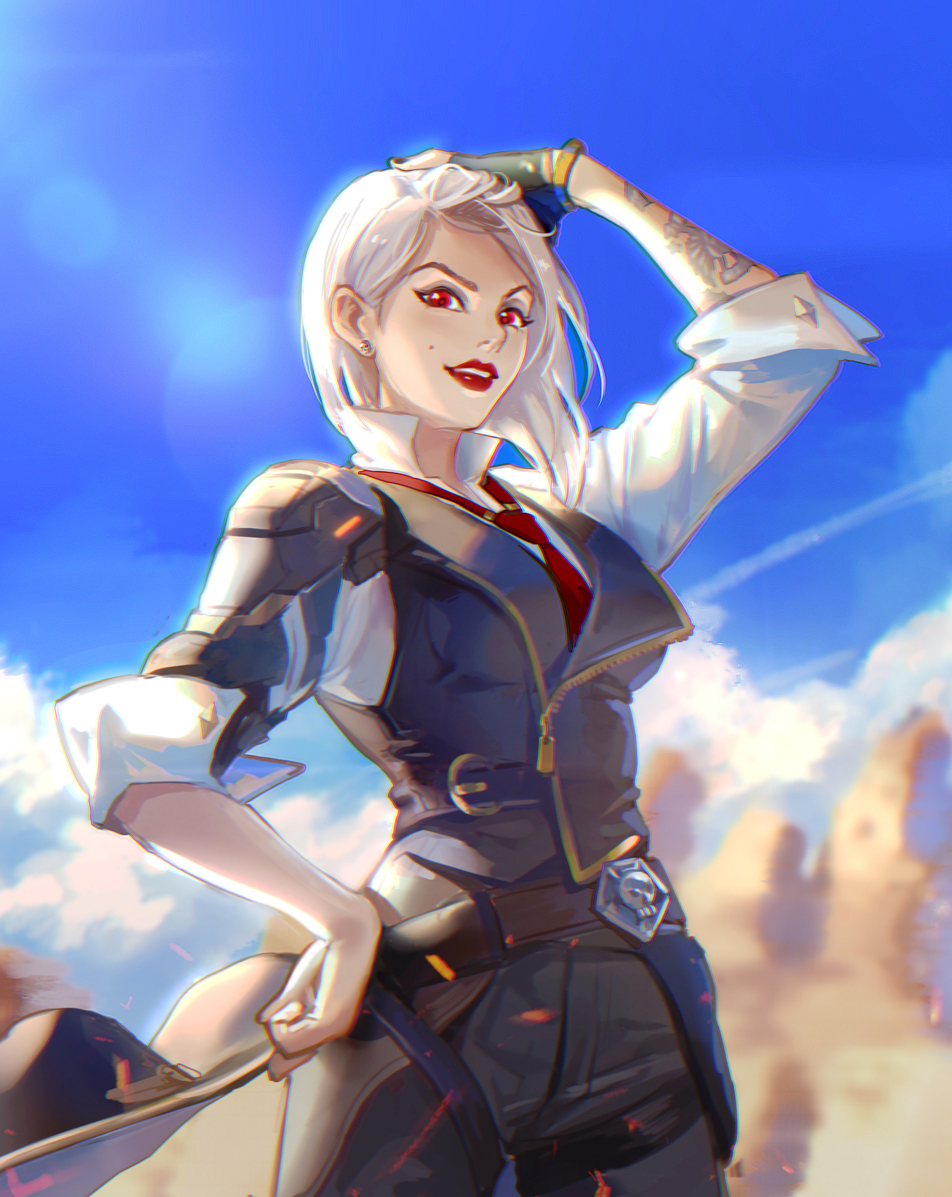 1girl, achyue, adjusting_hair, arm_tattoo, ashe_(overwatch), belt, black_gloves, black_nails