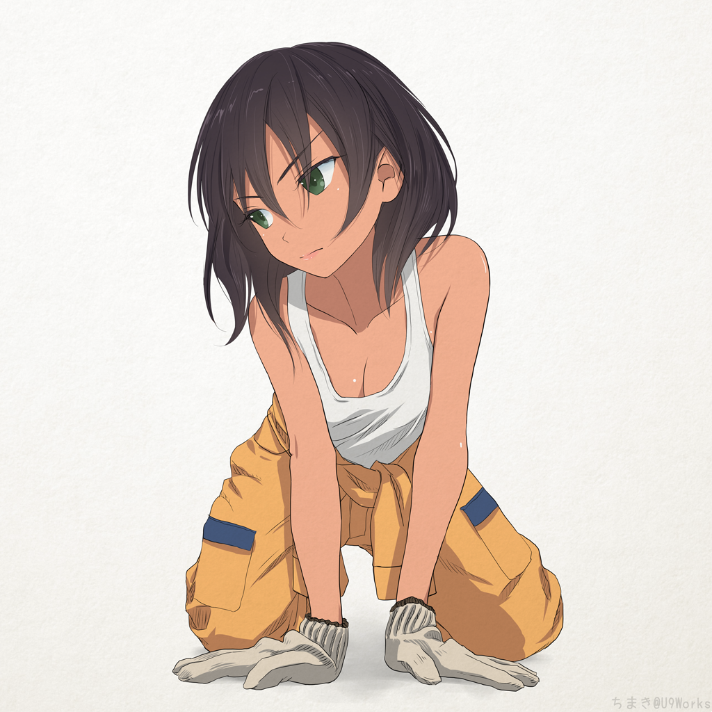 1girl, akagi_(fmttps), all_fours, artist_name, bangs, breasts, brown_hair, cleave_gag