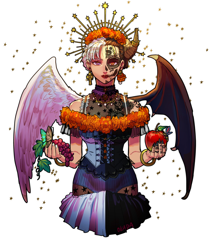 1girl, absurdres, apple, asymmetrical_wings, asymmetry, bangle, black_dress, black_hair